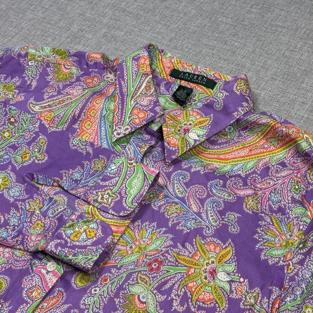 Lauren Ralph Lauren Paisley 3/4 Sleeve Button-Up Shirt Women L Multicolor Cotton